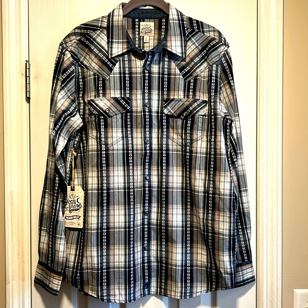 🍻🍺🍻 MOON SHINE SPIRIT PLAID PEARL SNAP SHIRT NWT SIZE SMALL🍻🍺🍻